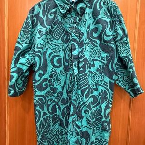 Teal and Dark Blue Graphic Tropical Button-Up Shirt